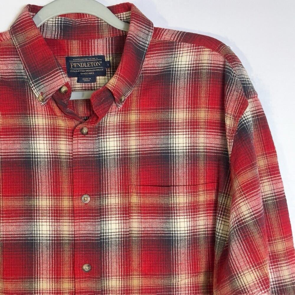 Pendleton Men’s L Red Plaid Long Sleeve Button Front Flannel Shirt 100% Cotton